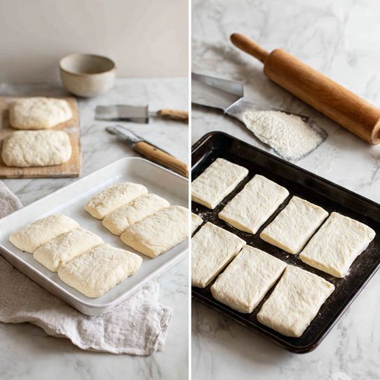 Maple Bar Donuts Recipe 4 The images show the process of making rectangular dough pieces, sliced into even shapes and placed on two white baking trays and one black baking tray on a countertop with a white marbled texture. In the first image, several dough pieces rest on a white towel, and there is a metal dough scraper and a pizza cutter near the dough strips, with visible rolled dough sticks on the side. The second image shows the dough rectangles spread out on the baking trays in neat rows, with a wooden rolling pin resting on the counter behind them, in a well-lit kitchen setting. photo taken with an iphone --ar 4:5 --v 7