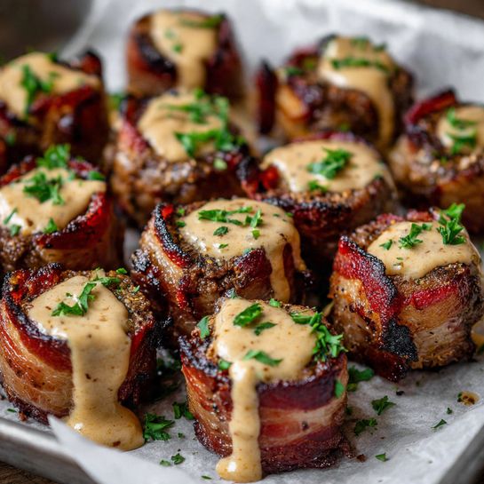 The image shows about twenty small meat bites wrapped in crispy dark brown bacon, each piece topped with a light tan creamy sauce that drips slightly down the sides. The bites are arranged close together on a white parchment-lined metal tray, with a few sprigs of green herbs scattered over the top. The meat inside is a deep reddish-brown, juicy and slightly charred on the edges, giving a textured look to the surface. The white marbled texture beneath the tray contrasts with the warm tones of the food, making the colors stand out. photo taken with an iphone --ar 4:5 --v 7