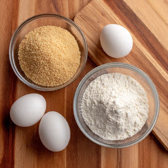 The image shows three white eggs placed on a light brown wooden surface alongside two bowls. One bowl is clear glass filled with white flour, showing a soft powder texture, positioned to the right. The other bowl is white and contains a light beige granulated mixture, placed to the left under the eggs. The overall scene is simple with a warm color tone from the wooden surface photo taken with an iphone --ar 4:5 --v 7