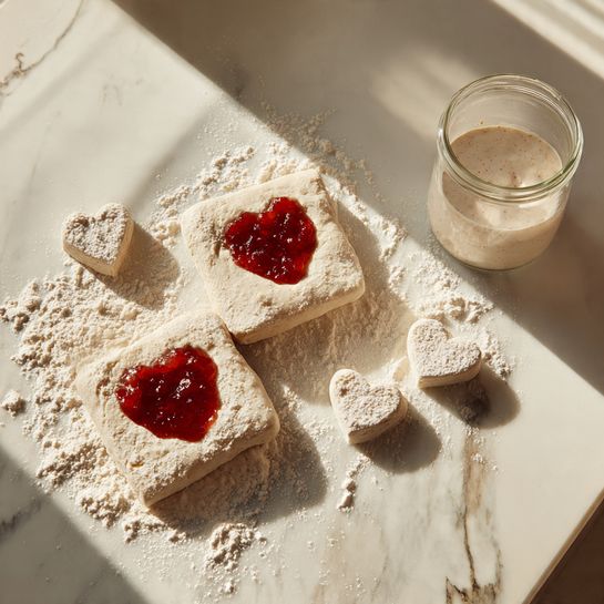 The image shows pieces of light beige dough on a white marbled surface dusted with white flour. Two square dough pieces have red jam dollops on their centers, with the jam looking thick and shiny. Around these squares are small heart-shaped dough cutouts, also dusted lightly with flour. In the top right corner, there is a clear glass container filled with a pale creamy substance. The scene is lit by warm sunlight, casting soft shadows and giving a cozy, fresh baking feel. Photo taken with an iphone --ar 4:5 --v 7