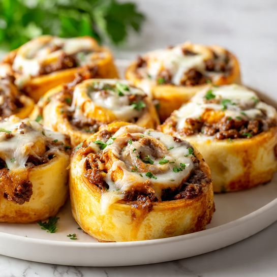 The image shows several thick rolls of dough filled with a dark brown ground meat mixture, layered evenly and rolled tightly. The outer dough is golden yellow and slightly crispy looking. Each roll has melted white cheese oozing down the sides with some browned spots on top. Small green herb pieces are sprinkled over the rolls adding contrast. The rolls are placed closely together on a white plate that sits on a white marbled surface. In the blurred background, there are hints of more green leaves. Photo taken with an iphone --ar 4:5 --v 7