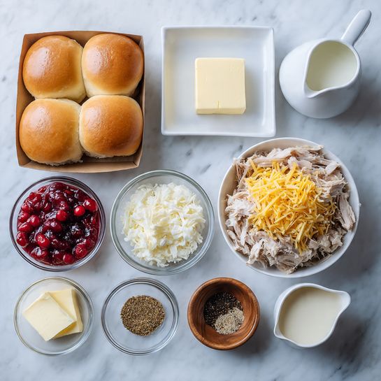 The image shows a top-down view of various food items arranged neatly on a white marbled surface. There are four shiny golden-brown bread rolls placed in a small cardboard box in the upper left corner. Next to it is a square white plate with a block of pale yellow butter. To the right is a white bowl filled with shredded light-colored meat topped with shredded yellow cheese. Below these are smaller bowls: one with bright red chunky cranberry sauce, another with shredded white cheese, a glass bowl with two slices of pale butter, a small wooden bowl with dark brown sauce, and two small wooden bowls with ground pepper in different shades and textures. A small clear glass container holds a light yellow liquid, and a white small creamer jug filled with milk or cream sits nearby. The arrangement has a clean and organized look with a simple, fresh feel. photo taken with an iphone --ar 4:5 --v 7
