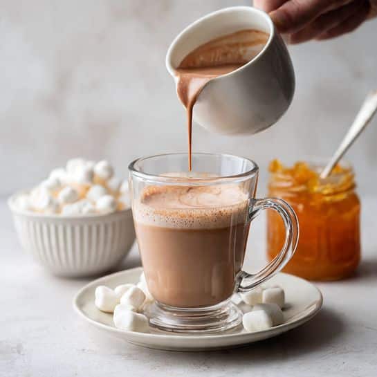 A clear glass mug sits on a white plate with some white marshmallows scattered around its base. Inside the mug, there is a light brown hot chocolate being poured from a white cup held by a woman's hand, filling the mug almost to the top. In the background, a white bowl filled with small marshmallows and a jar of orange marmalade with a spoon are slightly blurred, all set on a white marbled surface. The scene looks warm and cozy, with smooth textures of the chocolate and soft marshmallows. photo taken with an iphone --ar 4:5 --v 7
