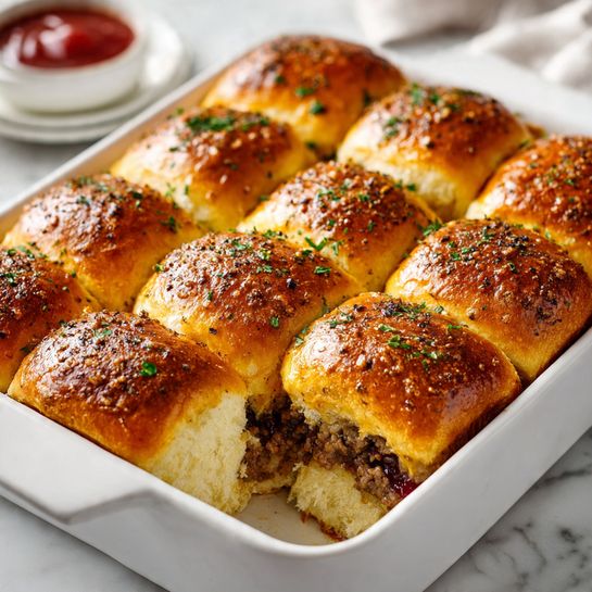 The image shows a white square baking dish filled with nine freshly baked sliders arranged in three rows and three columns. Each slider has a golden brown top sprinkled with green herbs and black pepper, giving a slightly textured look. The sliders are placed close to each other with soft, fluffy, and slightly shiny bread tops that show a gradient from light to darker brown. One slider at the front is slightly pulled away, revealing layers inside: a juicy, cooked meat layer at the bottom, a bright red cranberry sauce layer above it, and the soft bread top finishing the slider. The dish is placed on a white marbled surface with a small bowl of red sauce blurred in the background. Photo taken with an iphone --ar 4:5 --v 7