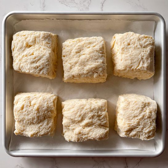 The image shows six square pieces of dough evenly spaced in two rows of three on a white baking sheet. Each dough square is pale beige with a slightly rough texture and edges that are somewhat uneven and irregular. The dough pieces lie flat and appear soft and slightly puffed. The white baking sheet rests on a surface with a white marbled texture. photo taken with an iphone --ar 4:5 --v 7