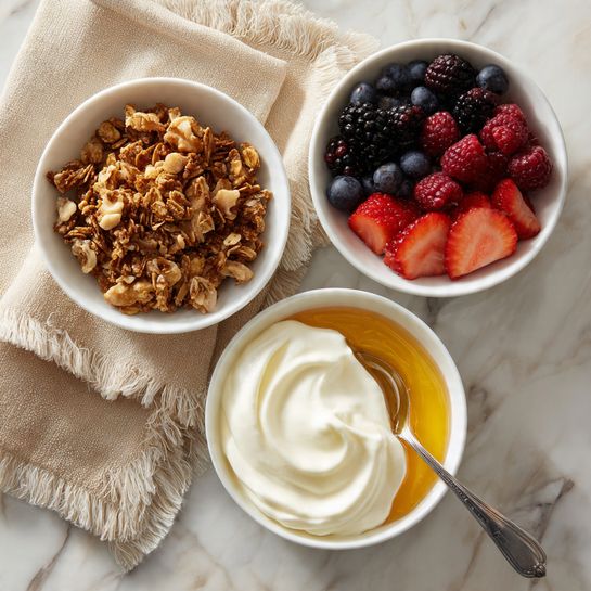A white bowl in the center holds two layers: a thick, creamy white layer of yogurt on the right side and a golden, smooth layer of honey on the left side, with a silver spoon resting in the bowl touching both layers. Below it, there is a smaller white bowl filled with granola that includes clusters and pieces of nuts. To the right, another white bowl contains mixed berries in layers of red raspberries, dark blackberries, blueberries, and sliced strawberries. The bowls rest on a surface with a white marbled texture and a beige cloth with fringes is visible in the upper left corner. Photo taken with an iphone --ar 4:5 --v 7