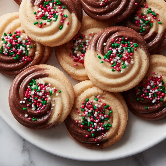 A close-up view of round swirled cookies with a smooth, pale beige texture, each cookie shaped like a rose swirl. Some cookies are dipped halfway in dark brown chocolate, which has a shiny, smooth surface, decorated with small red, green, white, and pink holiday-themed sprinkles in various shapes like balls and rods. The cookies are arranged close together on a white plate, and the background is a white marbled texture. photo taken with an iphone --ar 4:5 --v 7