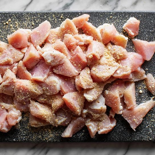 Pieces of raw light pink chicken are spread out in single layers on a dark textured cutting board. The chicken pieces vary in size and shape, with some having a bit of white fat attached. A light dusting of fine beige powder seasoning covers both the chicken pieces and the cutting board, giving a slightly grainy look. The background is a white marbled surface. photo taken with an iphone --ar 4:5 --v 7