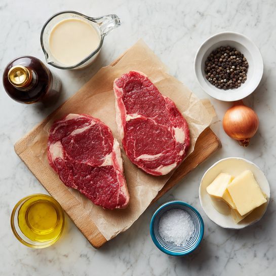 A wooden cutting board on a white marbled surface holds two raw red steaks with white fat marbling, placed on a piece of beige parchment paper near the center. Above the steaks, there is a glass measuring cup filled with a creamy white liquid. To the right, a small white bowl contains whole black peppercorns, below it is a small blue and white bowl filled with coarse white salt. At the top right corner, there is one shallot and a small cube of butter. To the left of the steaks, there is a dark brown bottle with a gold cap and label, and below it, a small white squeeze bottle with a black lid containing yellow oil. Photo taken with an iphone --ar 4:5 --v 7
