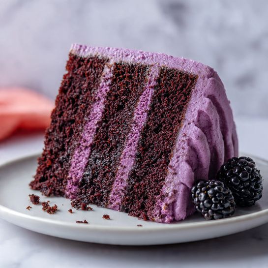 Velvet Blackberry Cake with Cream Cheese Frosting and Edible Flower Garnish Recipe