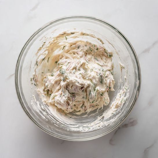 Chicken Pillows with Creamy Parmesan Sauce Recipe 4 A clear glass mixing bowl sits in the center on a white marbled surface, filled with a creamy, thick mixture that is off-white with small bits of green herbs and light pink pieces mixed in, giving it a textured look. The mixture is roughly shaped into a mound in the middle of the bowl, with some streaks and smears of the mixture on the sides of the bowl. photo taken with an iphone --ar 4:5 --v 7