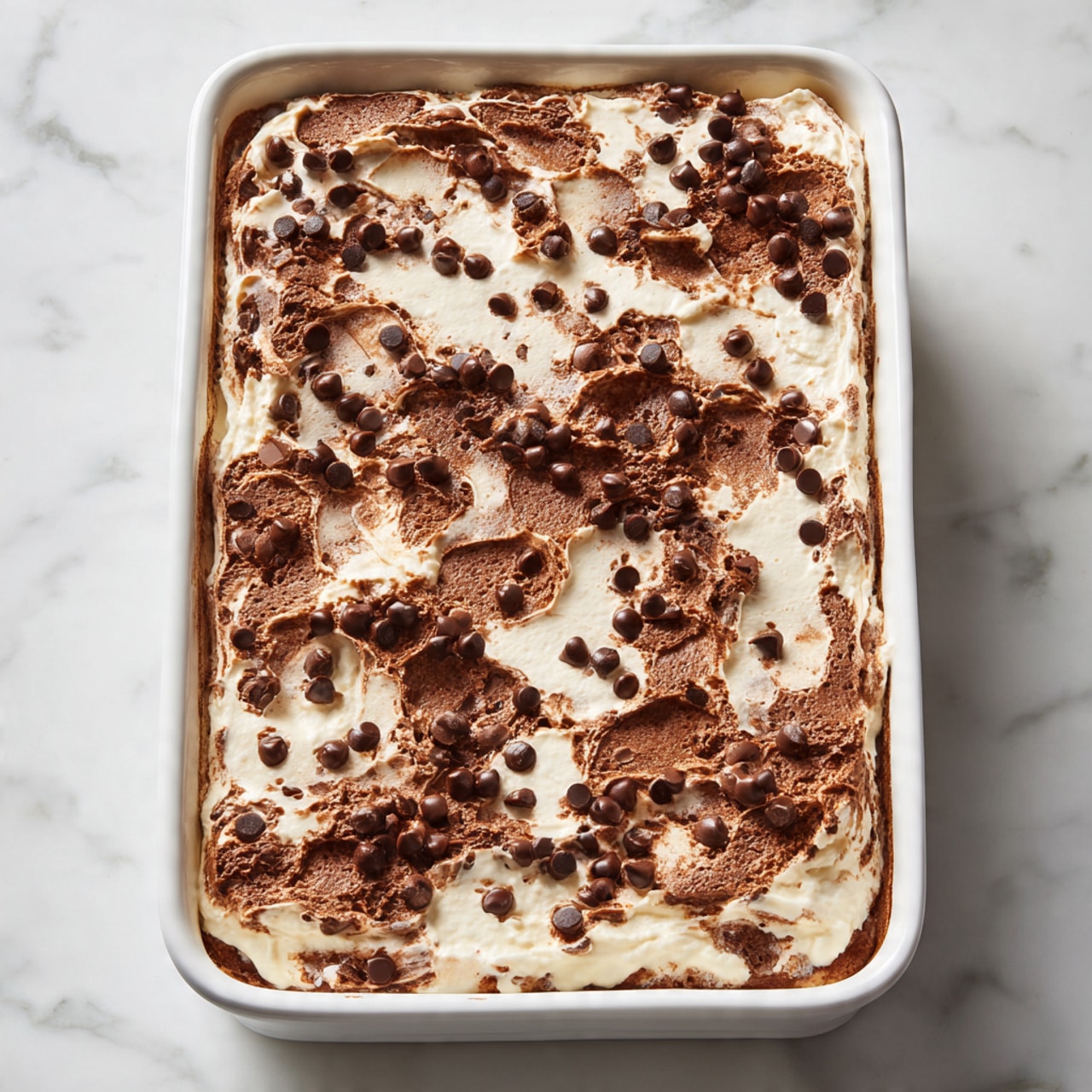 A rectangular white baking dish filled with a dessert made of soft, thick chocolate brown top layer with cracks showing a creamy white filling beneath. The chocolate parts have a slightly bubbly and uneven texture with small dark chocolate chips scattered on the surface. The creamy layer is seen in patches under the chocolate layer, giving a contrast of white and dark brown. The dish is on a white marbled countertop. Photo taken with an iphone --ar 4:5 --v 7