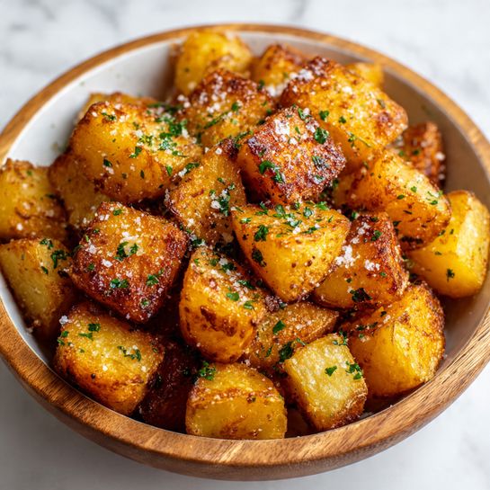 A close-up view of a bowl filled with roasted potato cubes. The potatoes have a golden brown, crispy skin with some darker edges showing a crunchy texture. Each cube is sprinkled evenly with small green bits of chopped parsley and coarse grains of salt. The bowl, although wooden in the original, is described here as white and sits on a white marbled surface. The potatoes are piled loosely, showing their rough, roasted texture and a mix of warm yellow and golden brown colors. photo taken with an iphone --ar 4:5 --v 7