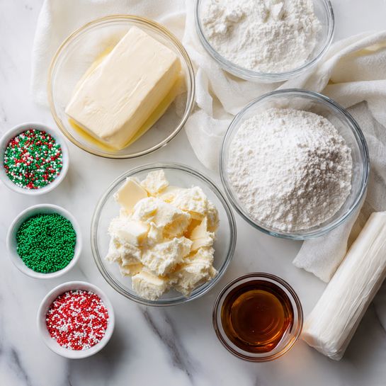 The image shows several clear glass bowls and a white wrapped stick of butter on a white marbled surface. The bowls contain different dry and wet ingredients arranged in a loose cluster: one bowl has a white powder that looks like powdered sugar or flour, another bowl has a coarser white powder, a third bowl contains a white block possibly cream cheese, and there is a smaller bowl with brown liquid. Around these are three tiny bowls with colorful sprinkles—green, red, and a mix of red and green. A white cloth is draped in the background. The overall colors are white, pale yellow, green, red, and light brown. photo taken with an iphone --ar 4:5 --v 7