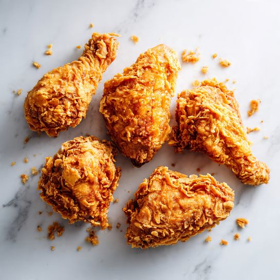 The image shows four pieces of crispy fried chicken arranged on a white marbled surface. Each piece has a rough, crunchy texture with a golden-brown color. The chicken pieces vary in shape and size, with some crumbs scattered around them on the surface. The lighting highlights the craggy, crispy coating of the chicken, making it look crunchy and well-seasoned. photo taken with an iphone --ar 4:5 --v 7