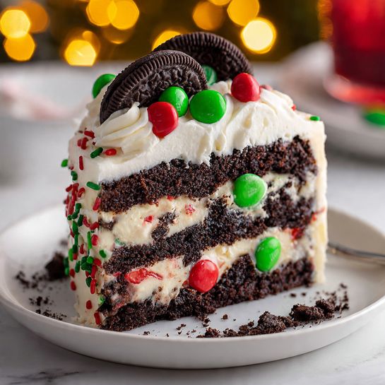 A slice of layered cake sits on a white plate over a white marbled surface. The cake shows three thick layers of dark chocolate crumb alternating with creamy white frosting with bits of red throughout. The top layer is a thick whipped cream decorated with bright red and green round candies, small green and red sprinkles, and two whole dark chocolate cookies standing upright. The base of the cake on the plate is sprinkled with more dark chocolate crumbs. The background is softly blurred with warm yellow and red lights. Photo taken with an iphone --ar 4:5 --v 7