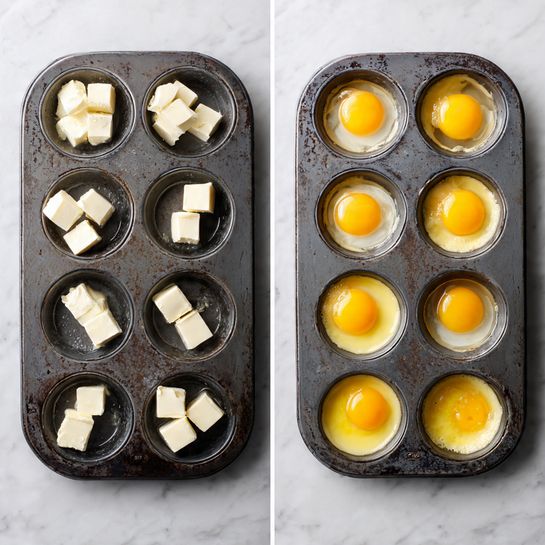 Spinach and Egg Puff Pastry Baskets with Cream Cheese Filling Recipe 4 Two side-by-side images show a dark metal muffin pan with twelve cups, placed on a white marbled surface. The left image shows six cups filled with small white butter squares, each piece neatly placed in the center of the cups, with the other six cups empty and clean. The right image shows six of the cups from the left image now filled with raw eggs cracked over the butter squares; the eggs have bright yellow yolks surrounded by clear, shiny whites resting on the butter, while the other six cups remain empty. The pan has some wear marks and looks used but clean. photo taken with an iphone --ar 4:5 --v 7