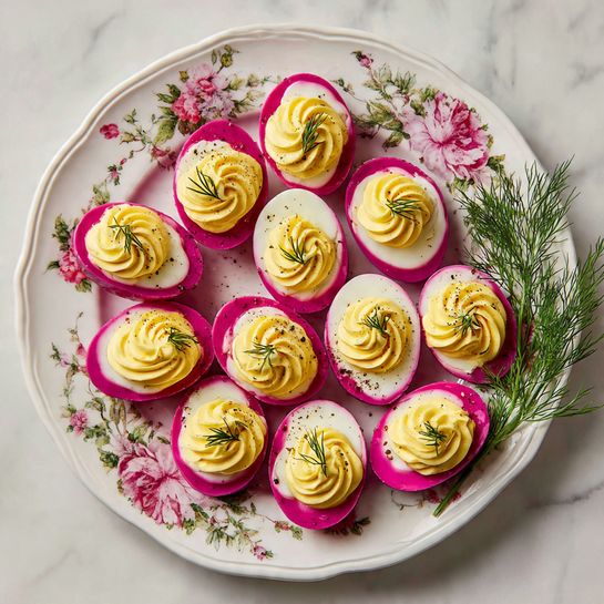 A white plate with floral details holds 14 halved deviled eggs arranged close together. Each egg has a bright pink outer edge, a smooth white inner layer, and is filled with a creamy, pale yellow swirled filling on top. Small green dill sprigs decorate each deviled egg, with some black pepper sprinkled over the plate and eggs. There is a fresh dill sprig on the right side of the plate. The plate sits on a white marbled surface. photo taken with an iphone --ar 4:5 --v 7