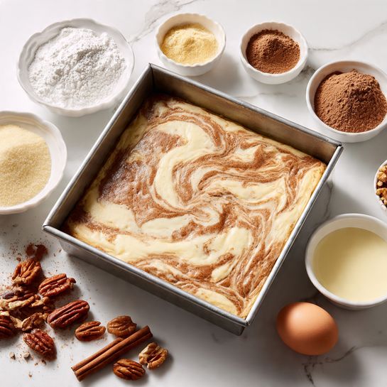 A square metal baking dish holds a baked dessert with a marbled top layer of light creamy and brown colors that look soft and slightly bubbly. Surrounding the dish on a white marbled surface are small white bowls and scattered ingredients: a bowl with white powder, another with brown powder, a bowl with pale yellow powder, one more with a liquid cream color, a small dish with white powder, a cinnamon stick, an egg, and some raw nuts including pecans and almonds. The layout is simple and clean with natural light highlighting the textures. photo taken with an iphone --ar 4:5 --v 7