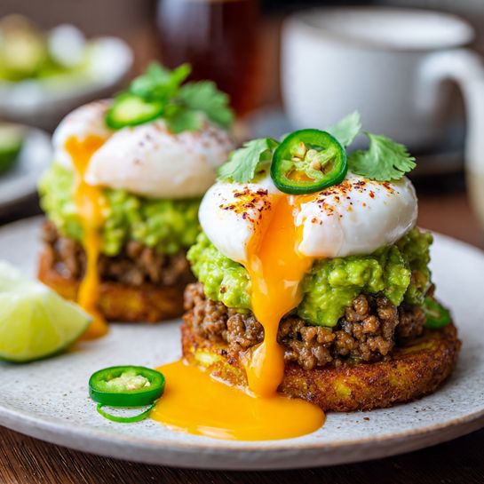 The dish shows two stacked servings on a white plate with a white marbled surface under it. Each stack has four layers: the bottom layer is a round, golden-brown toasted base. On top of this is a thick, chunky spread of bright green smashed avocado. Above the avocado is a layer of browned cooked meat. Next comes a perfectly poached white egg with smooth texture. The egg is covered in a light orange creamy sauce that drips down the sides, mixing with the egg yolk which flows out onto the plate. Each stack is garnished with small green cilantro leaves and thin round slices of green jalapeño pepper. The background is softly blurred with white bowls and a lime wedge visible. Photo taken with an iphone --ar 4:5 --v 7