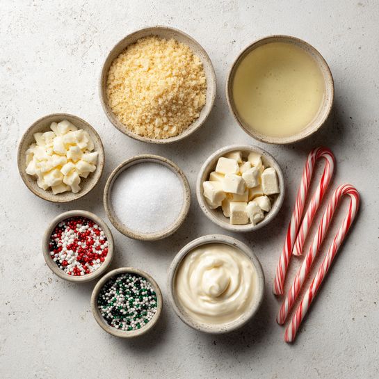 The image shows a white marbled surface with eleven small bowls and two candy canes arranged neatly. From the top left, there is a bowl filled with light yellow crumbly powder, next to it a bowl with clear pale yellow liquid, then a bowl with fine white sugar. In the middle row, from left to right, there is a bowl with light beige soft chunks, followed by a bowl with smooth and creamy white frosting, and a small bowl of thick cream. At the bottom left, there is a small bowl filled with white powdered sugar, next to it bowls with small round red, white, and green sprinkles, and black, white, and green sprinkles. To the far right, two red and white striped candy canes lie side by side. The bowls are earthy-toned with a rough texture, and lighting highlights the textures clearly. Photo taken with an iphone --ar 4:5 --v 7