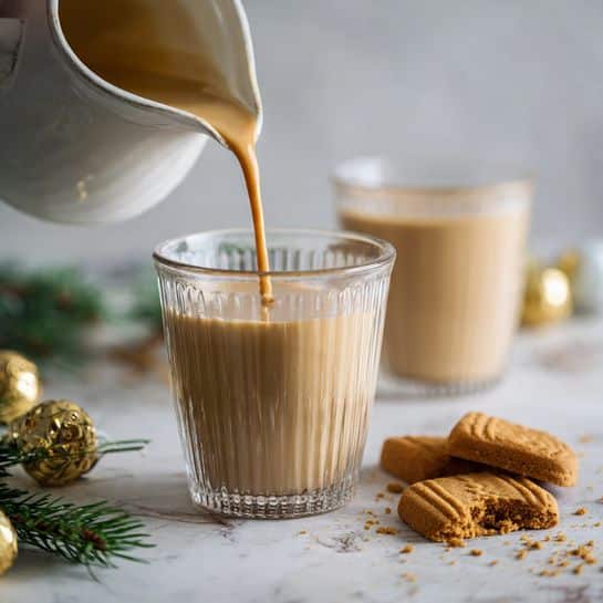 A clear glass cup is filled with a smooth, light brown creamy drink being poured from a white pitcher, with another similar glass cup filled with the same drink in the background. The scene is set on a white marbled surface with scattered crumbs and two brown Lotus Biscoff cookies placed near the front right. Small green pine sprigs and golden ornaments decorate the corners, adding a festive touch. Photo taken with an iphone --ar 4:5 --v 7