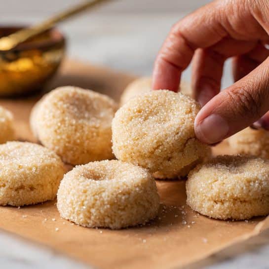 The image shows several round, light beige thumbprint cookies placed on brown parchment paper with a soft texture. Each cookie has a small, deep round indentation in the center, with a sugar-like coating giving the surface a slightly grainy look. In the background, a golden spoon is pressing into one of the cookies, revealing the fluffy dough texture. The focus is on the front cookies, with a blurred effect toward the back, and the overall setting is on a white marbled surface. Photo taken with an iphone --ar 4:5 --v 7