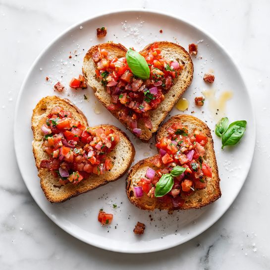 Three heart-shaped slices of toasted bread sit on a white plate, each topped with a colorful mix of diced red tomatoes, small pieces of crispy bacon, and finely chopped red onions. The bread has a light golden crust and soft, airy inside, with visible texture. Small green basil leaves are placed on top of some toasts, adding a fresh touch. Around the toasts on the plate, there are little drops of golden olive oil and coarse salt crystals sparkling. The plate rests on a white marbled surface, giving a clean and fresh background. Photo taken with an iphone --ar 4:5 --v 7