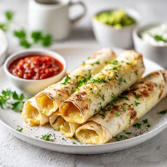 The image shows a white plate with six rolled tortillas filled with a creamy orange filling, sprinkled with green herbs and black pepper on top for added texture. The tortillas appear soft and lightly browned, stacked in a casual arrangement. On the left side of the plate is a small white bowl filled with bright red salsa, adding a pop of color, and in the background, two more small white bowls hold green guacamole and a white creamy sauce, all placed on a white marbled surface. The overall look is fresh and inviting. photo taken with an iphone --ar 4:5 --v 7