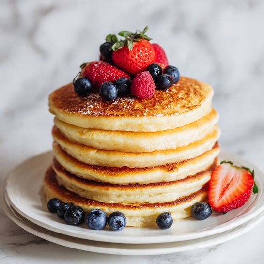 A tall stack of eight golden-brown pancakes sits in the center of two white plates, layered neatly one on top of the other. The top pancake is decorated with fresh berries including halved bright red strawberries, whole deep blue blueberries, and a red raspberry, adding pops of color and texture. More blueberries are scattered casually around the base of the pancake stack right on the edge of the plates, alongside a halved strawberry placed to the right. The background shows a soft, white marbled surface, keeping the focus on the stack of fluffy pancakes. photo taken with an iphone --ar 4:5 --v 7