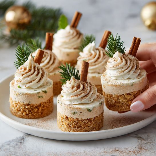 The image shows six mini cakes arranged on a white plate with a white marbled texture in the background. Each cake has two layers: a golden brown crumbly base and a light brown creamy top layer. On top of each cake, there is a swirl of white cream dusted with brown powder, a small cinnamon stick angled upright, and a green sprig of pine as decoration. The cakes are close together, and a woman's hand holds one cake gently from the side. The setting has a holiday feel with some blurred green pine leaves and a golden ornament in the background. photo taken with an iphone --ar 4:5 --v 7