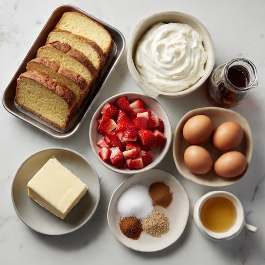 The image shows a top-down view of different food ingredients arranged neatly on a white marbled surface. On the left, there is a metal tray holding a loaf of sliced yellowish bread with a soft texture. To the right of the bread, there is a white bowl filled with thick white cream. Below this bowl, a small gray dish holds a block of pale yellow butter. Next to the butter is a small white bowl with bright red diced strawberries. Above the strawberries, there is a beige bowl containing four brown eggs. To the right of the eggs, there is a glass of white milk, and next to it, a dark glass bottle filled with vanilla extract. Below the strawberries and to the right of the butter, a small white plate holds a mix of brown cinnamon and white sugar. A small bowl with golden syrup sits near the bottom center of the image. The overall colors include warm tones from the bread, eggs, and butter, contrasted by the bright red strawberries and white dairy items. photo taken with an iphone --ar 4:5 --v 7