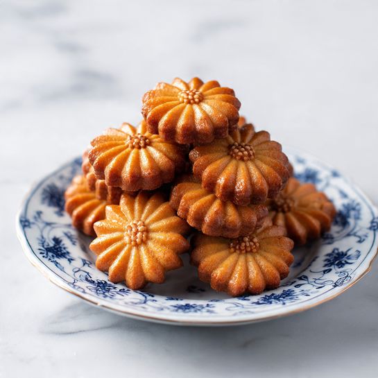 A white plate with blue floral patterns holds a stack of about nine shiny, golden-brown flower-shaped sweets, each one showing detailed ridges and a central cluster of small dots. The sweets look moist and smooth with a slightly sticky texture. The plate is on a white marbled surface with a softly blurred background. Photo taken with an iphone --ar 4:5 --v 7