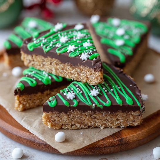 The image shows several triangular layered bars arranged on brown parchment paper over a round wooden board. Each bar has a bottom layer of light brown, crumbly texture, topped with a smooth dark chocolate layer. The chocolate layer is decorated with a zigzag pattern of bright green icing and sprinkled with small white round and star-shaped sprinkles. Two bars are shown on their sides, revealing the thickness and texture of the bottom layer. Scattered white round and star-shaped sprinkles are around the bars, and parts of a white marbled surface with festive decor are visible around the edges. Photo taken with an iphone --ar 4:5 --v 7