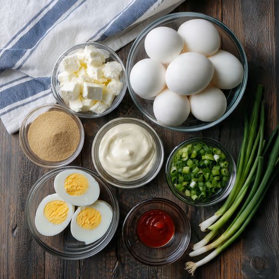 A top view of several small clear glass bowls arranged on a dark wooden surface. The largest bowl in the center holds a stack of white peeled whole hard-boiled eggs. Below it, a smaller bowl contains white creamy cheese. Above and to the left is a bowl of smooth white mayonnaise. To the right is a small bowl of chopped green onions with more fresh green onions lying beside it. At the bottom left are two halves of a hard-boiled egg showing a bright yellow yolk. To the left is a bowl of light tan mustard powder, and to the right is a small bowl of red hot sauce and a smaller bowl of clear liquid. A white cloth with blue stripes is partially visible on the top left corner. photo taken with an iphone --ar 4:5 --v 7