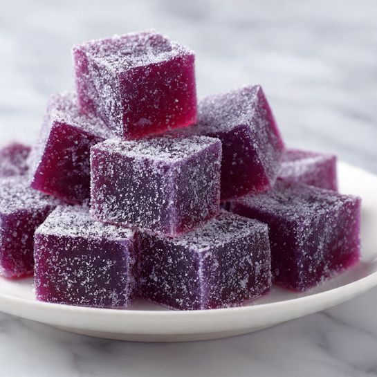 The image shows a white plate filled with nine small, square-shaped purple jelly-like sweets, arranged closely together in a slight pile. Each piece has a smooth, slightly translucent texture with a light dusting of white powder on top, giving them a soft, frosted look. The jelly squares have sharp edges and a consistent deep purple color, and they sit on a white marbled surface. Photo taken with an iphone --ar 4:5 --v 7