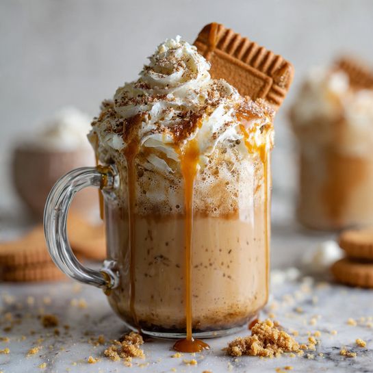 There is a clear glass mug filled with a light brown drink topped with a large layer of whipped cream that looks soft and fluffy. The whipped cream is sprinkled with small brown crumbs and some caramel drizzle that slightly runs down the side of the glass. On top of the whipped cream, a square brown cookie with a ridged edge is placed standing upright. The glass is set on a white marbled surface scattered with small crumbs and a few more brown cookies. The background is softly blurred, showing another similar glass with the same drink and topping. Photo taken with an iphone --ar 4:5 --v 7