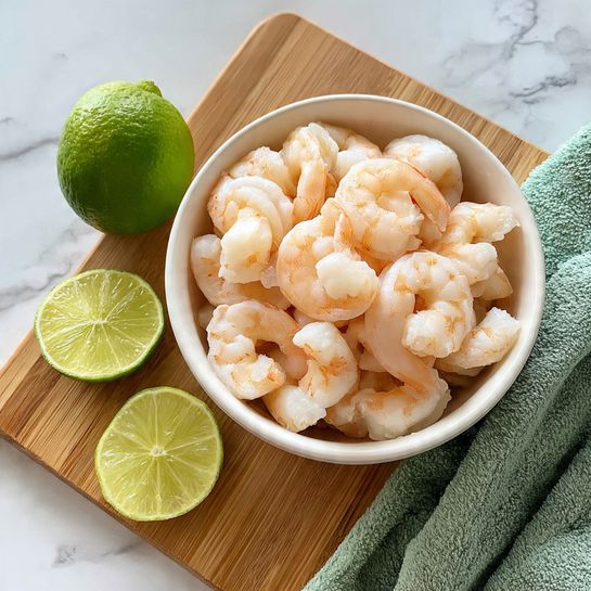 A white bowl filled with cooked shrimp piled high, showing their light pink and white color with a slightly curled shape. The bowl sits on a wooden board next to a green lime and two lemon wedges in the bottom left corner. The scene is set on a white marbled surface, with a soft green cloth visible under the wooden board. photo taken with an iphone --ar 4:5 --v 7