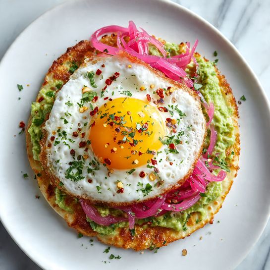 The dish is a close-up of a white plate on a white marbled surface, layered with a base of green mashed avocado spread evenly over a soft tortilla. On top sits a crispy, golden-brown round cheese layer with bubbly, crunchy edges. Above this, a sunny-side-up egg with a bright, shiny yellow yolk and white cooked egg whites takes center, sprinkled with dried herbs and red chili flakes. Bright pink, thinly sliced pickled onions lay loosely over part of the egg and cheese. The whole dish looks fresh and vibrant with a mix of soft, crunchy, and smooth textures. Photo taken with an iphone --ar 4:5 --v 7