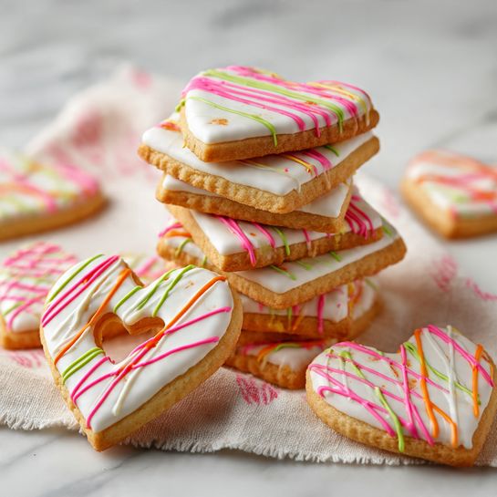 The image shows a stack of six heart-shaped cookies in the center, each cookie has two layers with a thick pale golden cookie base and a smooth white icing top, decorated with random thin lines of bright pink, green, and orange icing drizzled across. Around the stack, several individual heart-shaped cookies lie flat on a white marbled surface with the same white icing and colorful drizzle decoration. One cookie near the bottom left corner has a heart cutout in the center, creating a frame-like shape. A light cream colored cloth with a soft texture and pink patterns is placed underneath and around the cookies, adding a cozy touch. The light background is clean and bright, focusing attention on the textured cookies and icing photo taken with an iphone --ar 4:5 --v 7
