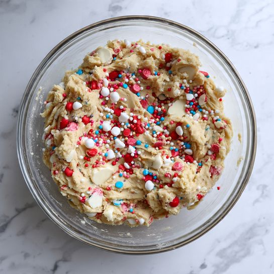 Pop Tart Sugar Cookies Recipe 4 Inside a clear glass bowl, there is a single layer of thick cookie dough with colorful sprinkles and chunks of white and red candy pieces mixed in. The dough is light beige with a rough and slightly crumbly texture, and the scattered multicolor round sprinkles add small bright dots all over. The bowl sits on a white marbled surface. Photo taken with an iphone --ar 4:5 --v 7
