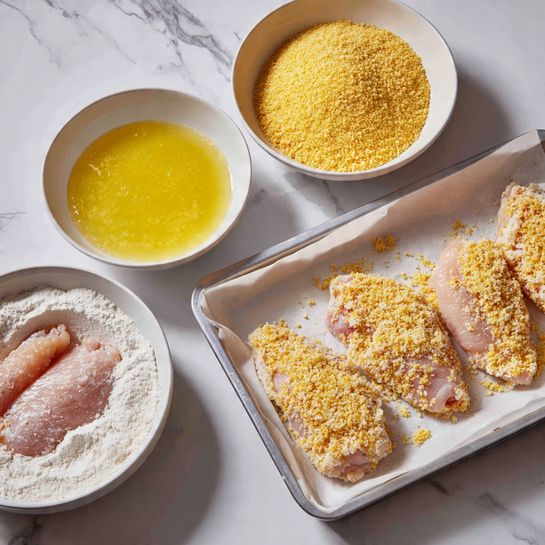 The image shows chicken pieces being prepared for frying in four steps. On the bottom left, a white bowl with flour holds a chicken piece partially covered in white powder. Above it, a white bowl with yellow liquid, likely egg wash, has a piece of chicken soaked in it. Next, a white bowl is filled with yellow breadcrumbs with a chicken piece coated and sitting on top. On the right, a white baking tray with parchment paper holds a few breadcrumb-covered chicken pieces ready to cook. The background is a white marbled surface. Photo taken with an iphone --ar 4:5 --v 7