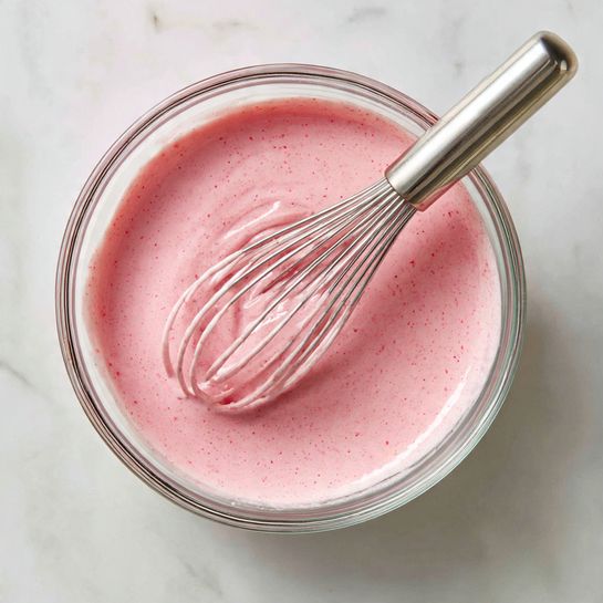 A clear glass bowl sits on a white marbled surface, filled with a smooth, thick pink mixture that has tiny darker specks throughout. Inside the bowl, a stainless steel whisk with a polished handle is partially coated with the mixture, resting angled towards the right. The pink mix covers the inside sides of the bowl unevenly, showing its creamy texture and glossy finish. photo taken with an iphone --ar 4:5 --v 7