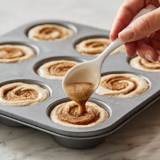 A close-up view of a gray muffin tin with several cavities filled partially with light beige batter that looks soft and smooth. In the center of each cavity, there is a swirl of cinnamon-colored mixture with a slightly rough texture that blends softly into the lighter batter around it. A woman's hand holding a white spoon is shown, gently pouring the cinnamon mixture into one cavity. The muffin tin is placed on a white marbled surface, giving a clean and bright background. photo taken with an iphone --ar 4:5 --v 7