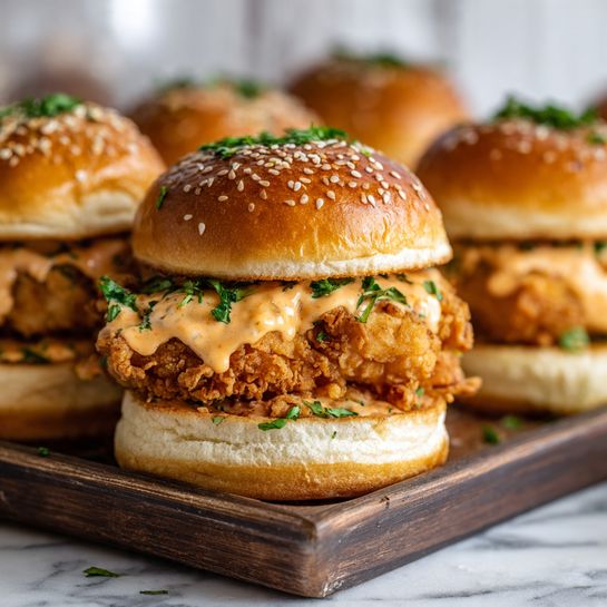 The image shows a close-up of a fried chicken sandwich with three layers. The base layer is a soft white bun, topped with a deep golden crispy fried chicken piece. Over the chicken, there is a generous layer of creamy light orange sauce with small green herb pieces. The sandwich is finished with a shiny, light brown sesame seed bun top, garnished with fresh green chopped herbs. The sandwich is placed on a dark wooden tray with a blurred background of more sandwiches, all on a white marbled surface. photo taken with an iphone --ar 4:5 --v 7