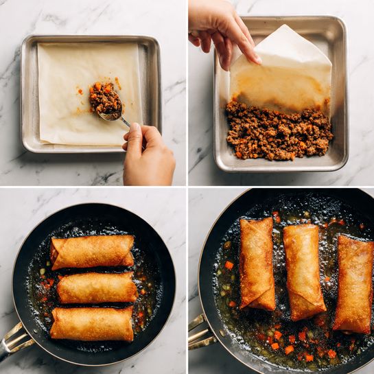 The images show the process of making fried spring rolls. The first layer is a pale, square wrapper laid flat on a white marbled surface. The second layer shows a spoon adding a brownish ground meat filling mixed with small bits of orange vegetables onto the bottom half of the wrapper. The third image has a woman's hand folding the square wrapper over the filling, creating a neat triangular fold. The final image shows several rectangular spring rolls with a golden-brown crispy texture frying in bubbling oil inside a dark pan. photo taken with an iphone --ar 4:5 --v 7