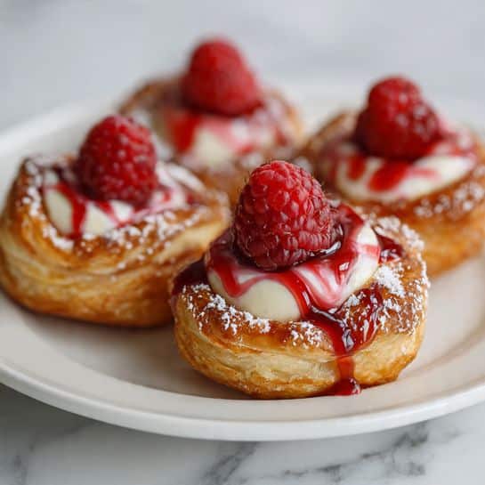 The image shows a close-up of five small puff pastry desserts on a white plate. Each dessert has three layers: the base is a golden, crispy, and flaky puff pastry, the middle layer is a smooth white cream topped with a drizzle of pinkish-red syrup, and the top layer is a whole bright red raspberry with a light dusting of powdered sugar. The background features a blurred white marbled texture, adding contrast to the vibrant colors of the desserts. photo taken with an iphone --ar 4:5 --v 7