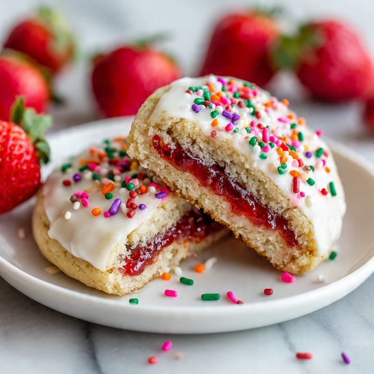 Pop Tart Sugar Cookies Recipe 5 The image shows two stacked cookies on a white decorative plate, placed on a white marbled surface. Each cookie has three layers: the bottom layer is a thick, soft, light golden cookie base, the middle layer is a red strawberry jam with visible small fruit pieces, and the top layer is white icing covered with tiny, colorful round sprinkles in green, orange, purple, yellow, and white. The top cookie is cut in half, revealing detailed juicy jam inside. The background is softly blurred with hints of strawberries and neutral colors. Photo taken with an iphone --ar 4:5 --v 7