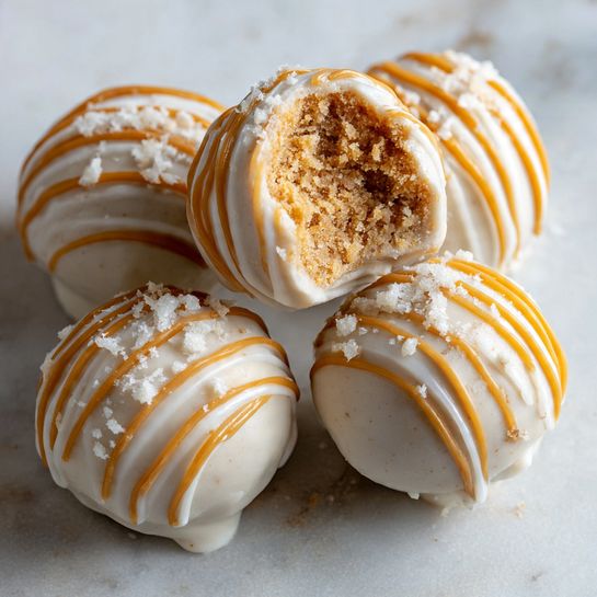Four round truffles sit on a white marbled surface. Each truffle has a smooth white outer layer coated in a drizzle of light orange lines, evenly spaced and flowing around the top and sides. One truffle is bitten into, showing its inner layer that is crumbly and light brown with a slightly sticky texture. Small white flakes are scattered near the bitten truffle, highlighting the crumbly inside. The photo taken with an iphone --ar 4:5 --v 7