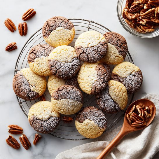 A group of small round cookies with two layers sit on a metal cooling rack over a white marbled surface. Each cookie has a pale golden base with a darker, cracked brown top layer, some topped with a light dusting of powdered sugar. Around the rack, there are scattered pecan halves and pieces, with a glass bowl filled with pecans to the upper right. A wooden spoon holding pecans rests to the lower right corner, near a white fabric napkin. The cookies look soft and crunchy, arranged closely together, showing their textured tops and smooth edges. photo taken with an iphone --ar 4:5 --v 7